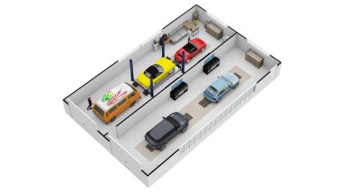 Araba servisinin kat planı. Araba servisinin kat planı. Garajda aletleri olan çalışma yeri.