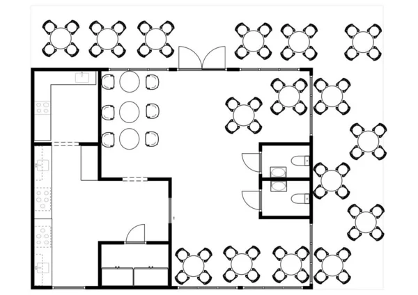 建築計画のアイコンセット オフィス計画のアイコンセット グラフィックデザイン要素で使用される家具のシンボルとフロアプラン3D カフェトップビュープラン — ストック写真