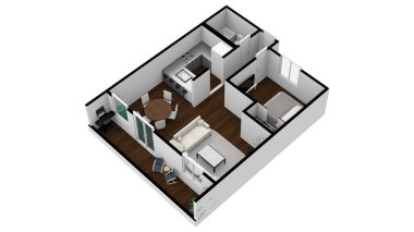 Daire planı planlama evi. Uzay planı. İç tasarım elementleri mutfak, yatak odası, banyo. Kat planı.
