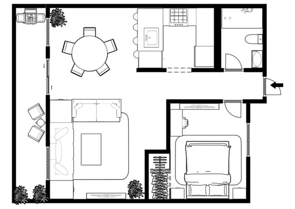 Dům Půdorysu Bytového Plánu Plánovací Prostor Interiér Designové Prvky Kuchyň — Stock fotografie