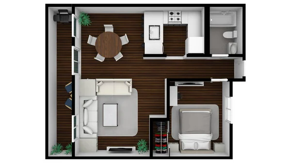 Daire planı planlama evi. Uzay planı. İç tasarım elementleri mutfak, yatak odası, banyo. Kat planı.