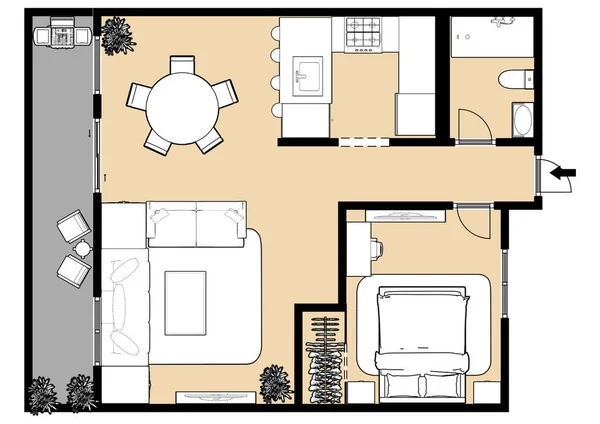 Διαμέρισμα Σχέδιο Σπίτι Διάταξης Σχεδιάστε Εσωτερικά Στοιχεία Σχεδιασμού Κουζίνα Υπνοδωμάτιο — Φωτογραφία Αρχείου