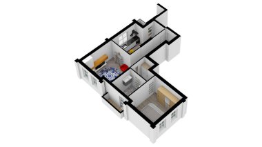 Kat planı. İç mekan. Emlak için 3D kat planı. Ev planı. Ev ortamının 3 boyutlu tasarımı. Renk kat planı.