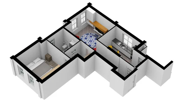 平面图 房地产的3D平面图 家庭计划 家庭空间的3D设计 彩色平面图 — 图库照片