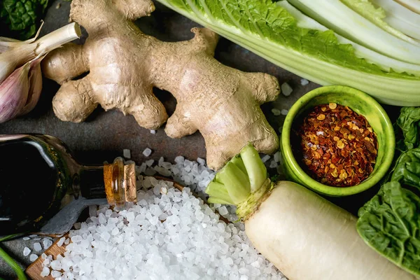 Ingredienti Kimchi Cucina Asiatica Verdure Fresche Cibo Tradizionale Coreano Vista Foto Stock