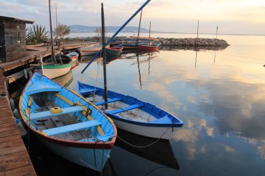 Bouzigues 'de geleneksel ahşap tekneler, Fransa' nın Herault şehrinde Bassin de Thau 'da güzel bir balıkçı köyü.