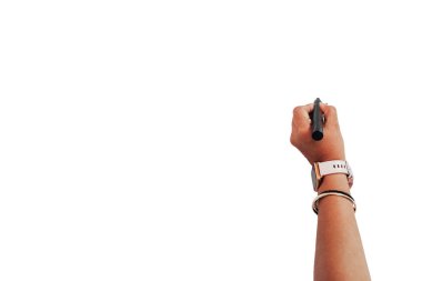 Beyaz arka plana yazı yazan İspanyol bir kadının eli. Boşluğu kopyala