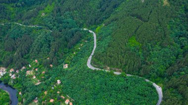 Bulgaristan 'ın yüksek dağlarındaki sık ağaçların arasından geçen kıvrımlı yolun hava manzarası.