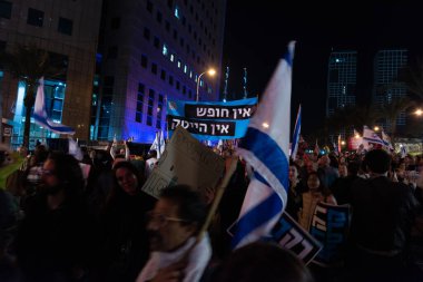 TEL AVIV, ISRAEL - January 21, 2023: Israelis protest in Tel Aviv against plans by prime minister Benjamin Netanyahu new government to trample the legal system and the supreme court. High quality