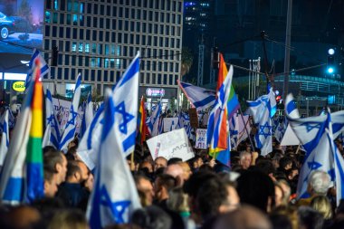 TEL AVIV, ISRAEL - January 21, 2023: Israelis protest in Tel Aviv against plans by prime minister Benjamin Netanyahu new government to trample the legal system and the supreme court. High quality