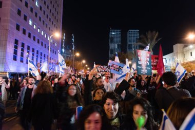 TEL AVIV, ISRAEL - January 21, 2023: Israelis protest in Tel Aviv against plans by prime minister Benjamin Netanyahu new government to trample the legal system and the supreme court. High quality