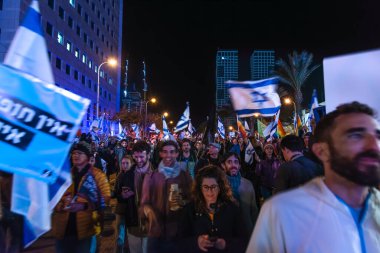 TEL AVIV, ISRAEL - January 21, 2023: Israelis protest in Tel Aviv against plans by prime minister Benjamin Netanyahu new government to trample the legal system and the supreme court. High quality