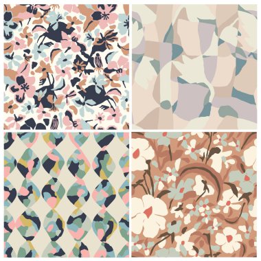 Vector abstract flower illustration seamless repeat pattern 4 designs set