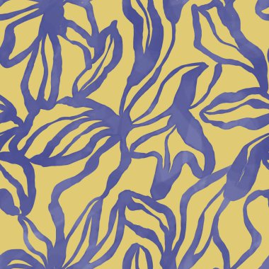 Flower and leaf line drawing with water color seamless repeat pattern