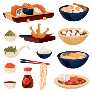 Japon geleneksel yemeği beyaz arka planda izole edildi. Suşi, ramen, tempura karidesi, miso çorbası, udon, chuka, pirinç vektörü düz çizgi film çizimi. Japon yemek restoranı menüsü tasarım elementleri