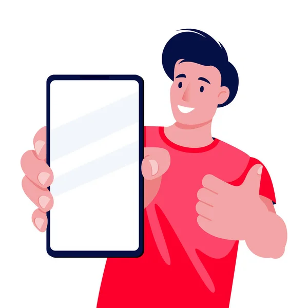 Young Man Holds His Thumb Showing Smartphone Blank Screen Vector — Stock Vector