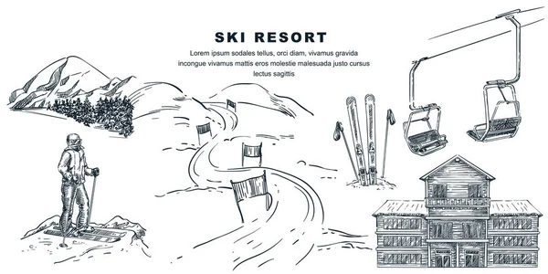 Estación Esquí Invierno Elementos Diseño Viajes Dibujo Vectorial Dibujado Mano — Archivo Imágenes Vectoriales