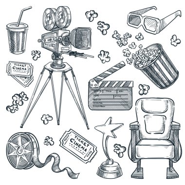 Movie and cinema theater hand drawn vector sketch illustration. Multimedia maker equipment isolated on white background. Video and film production doodle design elements