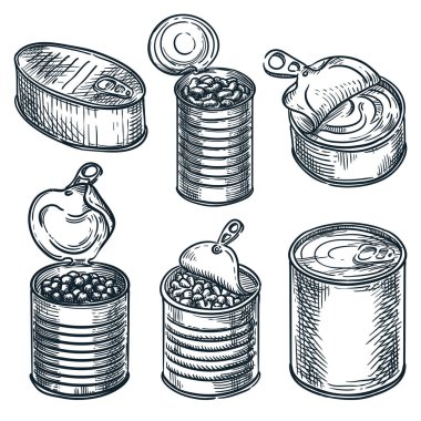 Metal cans, jars containers set isolated on white background. Food in tins, hand drawn vector sketch illustration. Grocery supermarket design elements collection