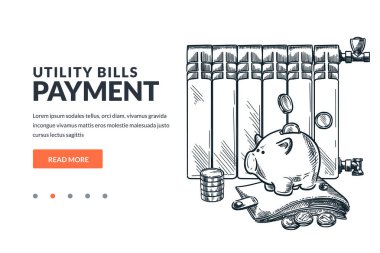 Utility bills payment and heating saving concept. Vector hand drawn sketch illustration of heat radiator, piggy bank and wallet with money. Doodle design elements set, isolated on white background