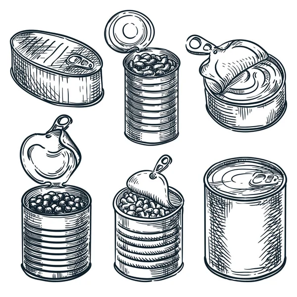 Boîtes Métal Récipients Bocaux Isolés Sur Fond Blanc Nourriture Boîtes — Image vectorielle