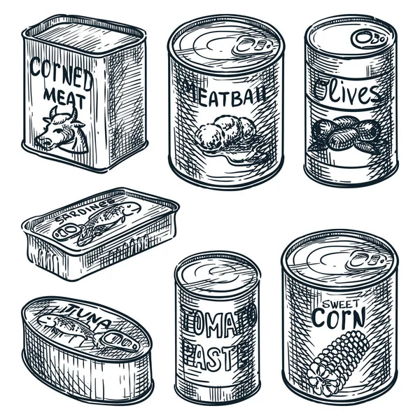 Canned Food Design Elements Set Isolated White Background Food Tins — Stockvektor
