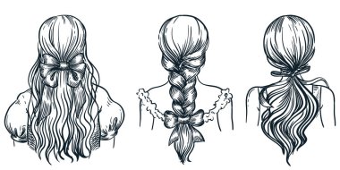 Beyaz arka planda izole edilmiş kadın saç modelleri. Vektör el, saç örgülü ve kurdeleli kadın saçının çizimini çizdi. Kuaför salonu karalama tasarım elemanları