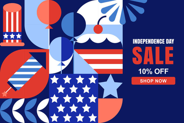 Баннер на День Независимости США, плакат. 4 июля геометрический цветовой блок с американским флагом и символами на синем фоне. Векторная плоская иллюстрация для дизайна праздничных открыток