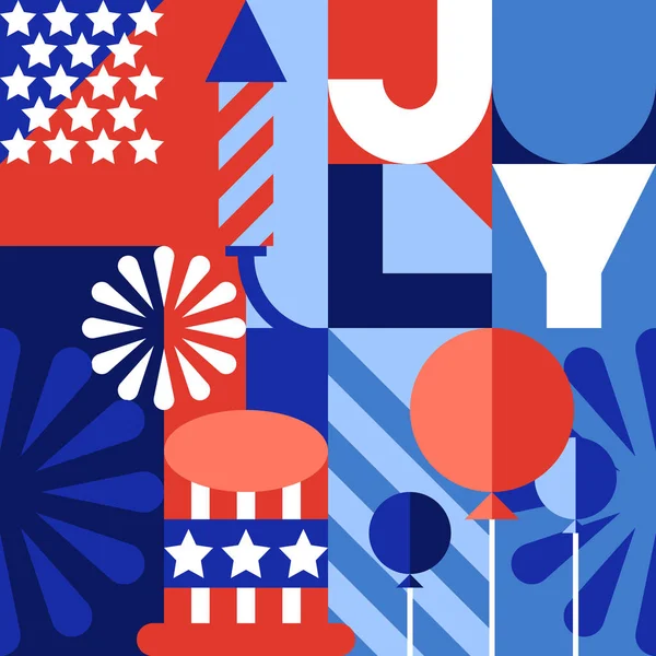 美国假日7月4日几何图形字母 彩色方块图案 美国国旗的颜色和标志 庆祝独立日 矢量打印 无缝背景 贺卡设计 — 图库矢量图片