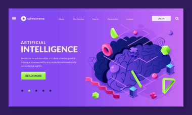 Yapay zeka vektörü 3d izometrik çizim. İnsan beyni ve soyut geometrik şekiller. Bilim, robot mühendisliği, gelecekteki teknoloji konsepti. Poster flaması neon arkaplan tasarımı