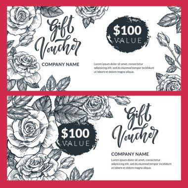 Hediye kartı, kupon, sertifika veya kupon vektör tasarım şablonu. Gül çiçekli indirimli pankart düzeni. El çizimi, çiçek çizimi.