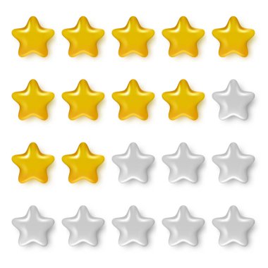 Gerçekçi 3D yıldız puanı simgeleri. Uygulamalar ve web siteleri için parlak plastik tasarım elementleri. Beş altın ve gümüş yıldız şekli, müşteri ürün değerlendirme değerlendirmesi konsepti