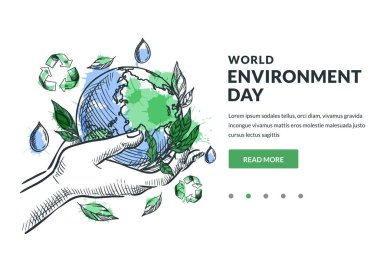 Dünya Çevre Günü vektör el çizimi çizimi. Yeşil yaprakları, suyu ve geri dönüşüm sembolleri olan mavi suluboya bir gezegen tutan eller. Doğayı, ekolojiyi, çevre kavramını koru