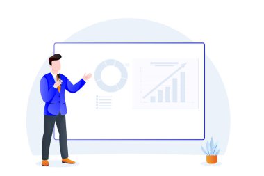 Erkek konuşmacı sunum ekranında konuşuyor. İş adamının konferans toplantısındaki temsili temsili. Eğitim, koçluk, eğitim kavramı