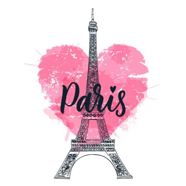 Paris posteri, tebrik kartı, Eyfel Kulesi ile birlikte suluboya pembe kalp arka planı ve el yazısı harfleri. Vektör çizimi çizimi. Aşk Fransa 'nın ünlü sembolü