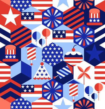 ABD 'de tatil kusursuzdur. Amerikan bayrağı ve sembolleri olan altıgen geometrik tatil partisi geçmişi. Vektör moda baskısı, afiş, poster, tebrik kartı tasarım unsurları
