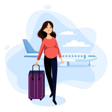 Havaalanı terminalinde bavulla yürüyen hamile bir kadın. Vektör düz çizgi film çizimi. Hamilelik sırasında uçakla seyahat