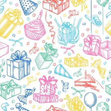 Doğum günü hediyeleri ve süslemeleriyle kusursuz renkli desenler. Vektör el çizimi çizimi çizimi. Tatil geçmişi. Moda baskı kumaşı, paket tasarımı