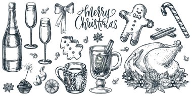 Noel ve Yeni Yıl yemekleri, klasik ikonlar. Vektör el, bayram yemeği ve içeceklerinin çizimini yaptı. Geleneksel menü tasarım ögeleri beyaz arkaplanda izole edildi