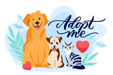 Köpek ve kedi evlat edinme afişi poster tasarımı ve el yazısı harfleri. Hayvan barınağı, evsiz hayvanlar, düz çizgi film çizimleri.