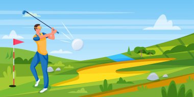 Golf oynayan genç sporcu, vektör düz çizgi film çizimi. Golf turnuvası ya da yarışma afişi, bilet konsepti. Yeşil golf sahasında uçan golf topu.