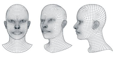 3D vektör insan kafaları kümesi. Geometrik ızgara örgü erkek ya da kadın ön, profil ve izometrik çizim. Gelecekteki yüksek teknoloji, yapay zeka, bilim tasarım elementleri