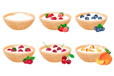 Çilekli Yunan yoğurdu, yabanmersini, ahududu, şeftali, ahşap kasede kiraz. Beyaz arkaplanda izole edilmiş vektör düz çizgi film çizimi. Sağlıklı kahvaltı ya da böğürtlenli ve ekşi kremalı atıştırmalık