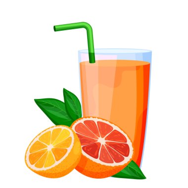 Portakallı greyfurt bardakla samanı karıştırır. Beyaz arkaplanda izole edilmiş vektör düz çizgi film çizimi. Tropikal meyve tasarımı elementi