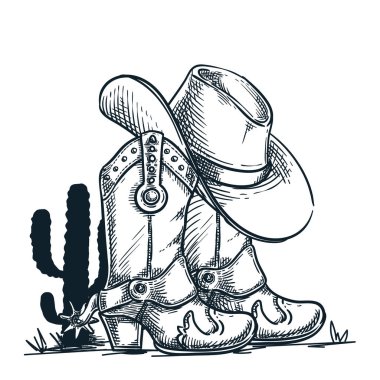 Kovboy çizmeleri, batı şapkası, kaktüs. Vahşi Batı klasik baskı tasarım elementi beyaz arka planda izole edildi. Vektör el çizimi çizimi çizimi