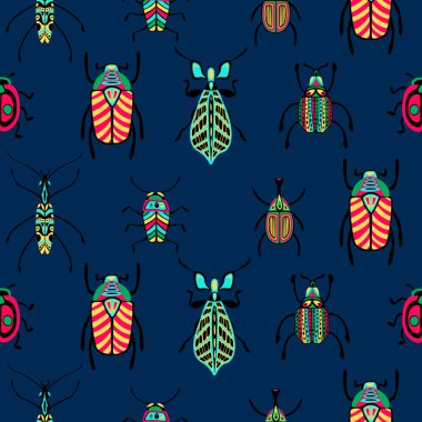 Renkli sevimli böcekler ve böcekler kusursuz desenler. Vektör düz çizgi film çizimi. Kara donanma kökenli karalama böcekleri. Moda çocukları tekstil baskısı, kumaş, ambalaj kağıdı tasarımı