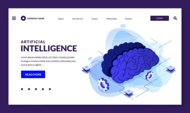 Yapay zeka vektörü 3d izometrik çizim. İnsan beyni ve mekanizma dişlileri. Bilim, robot mühendisliği, gelecekteki teknoloji konsepti. Poster pankartı tasarımı