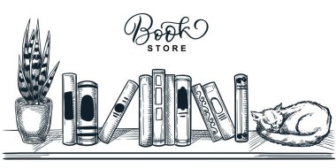 Kitaplar, uyuyan kedi ve kitaplıkta saksı bitkisi. Vektör el çizimi çizimi çizimi. Kitap festivali ya da pankart afiş şablonu. Kütüphane, kitapçı tasarım ögeleri