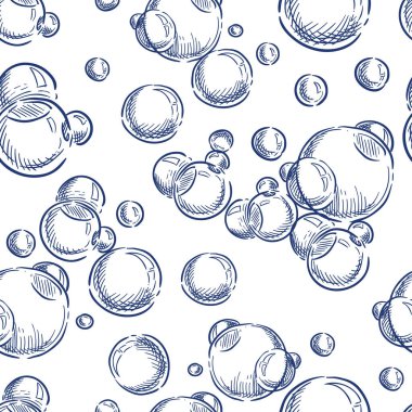 Su mavisi kabarcıklar, pürüzsüz desen. Vektör el çizimi çizimi çizimi. Sabun köpüğü, denizci, akvaryum arka planı. Tekstil baskısı, kumaş, ambalaj kağıdı tasarımı