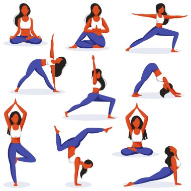 Yoga yapan genç bir kız, pozisyon koleksiyonu. Vektör düz çizgi film karakteri çizimi. Gerdirme alıştırma simgeleri ayarlandı. Sağlıklı yaşam tarzı, meditasyon pratiği, spor tasarım unsurları